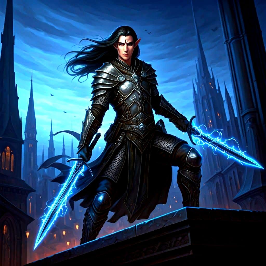 Half-Elf Rogue with Lightning Sword on Rooftop