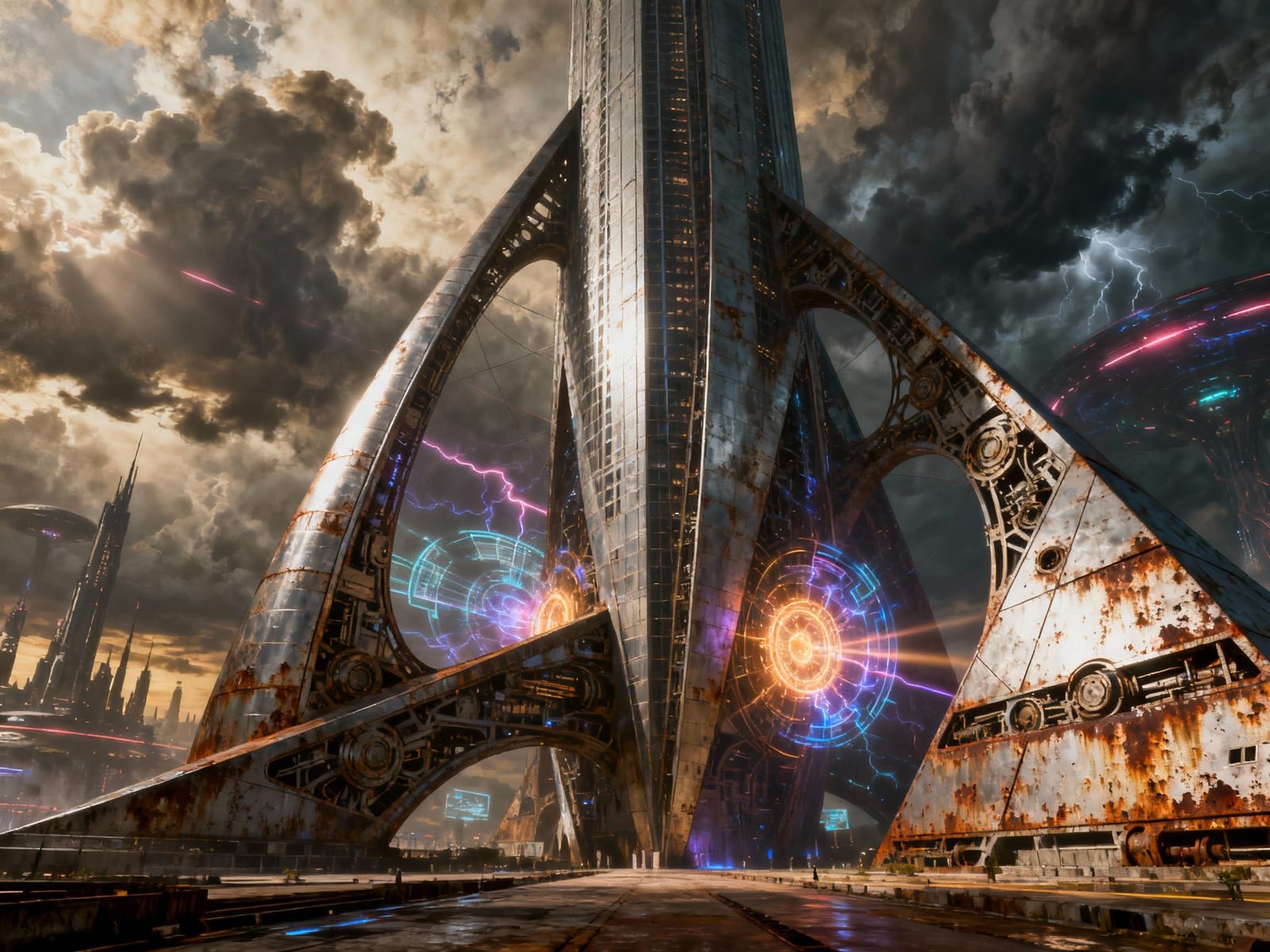 Futuristic Skyscraper Structures in Dramatic Sci-Fi Style