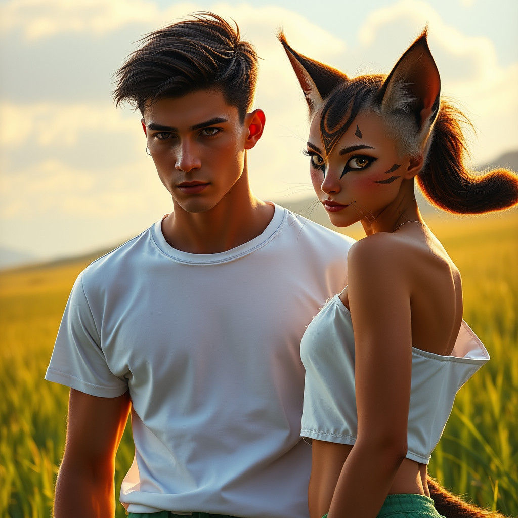 Handsome Youth Enchanted by Feline Beauty in Vibrant Fantasy...