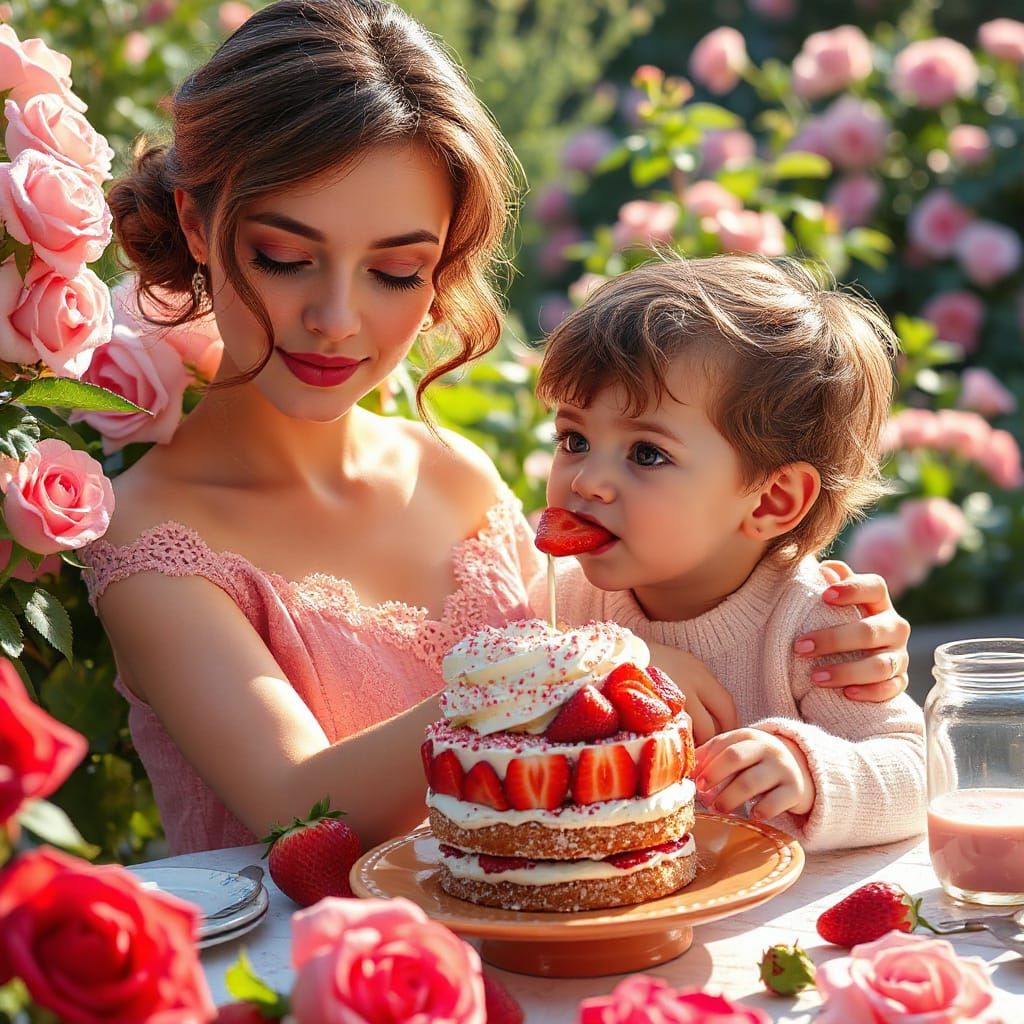 Magical Mum and Child Enjoy Strawberry Cake in Rose Garden