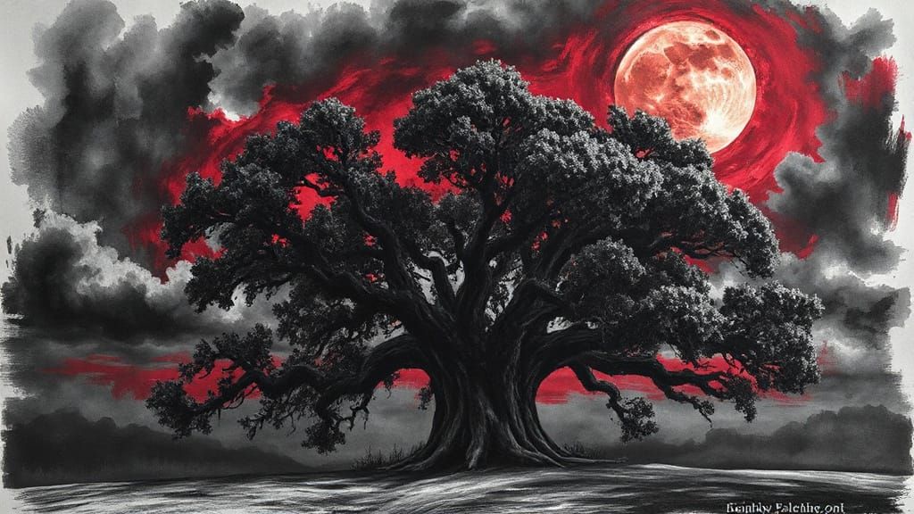 Oak Tree Under Blood Moon: Charcoal Painting