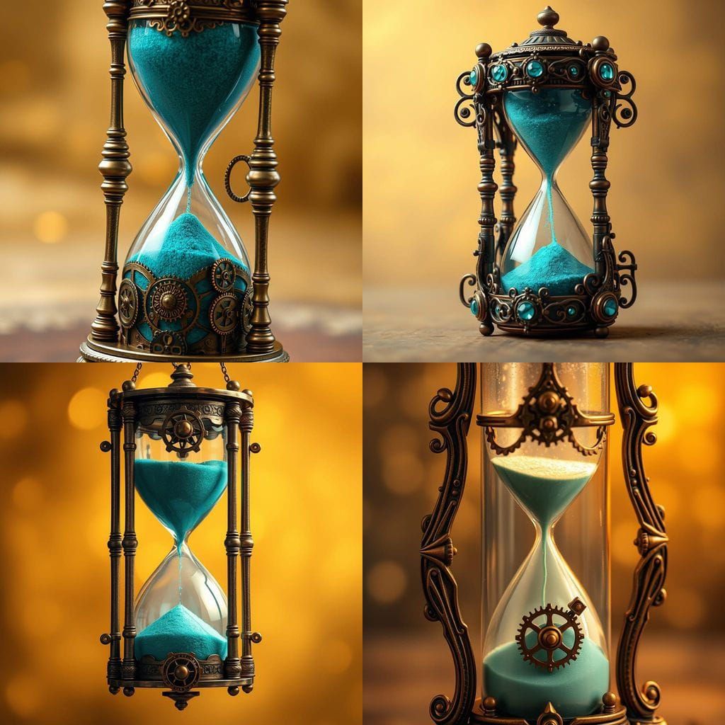 Steam Punk Hourglass with Teal Sand and Golden Shine
