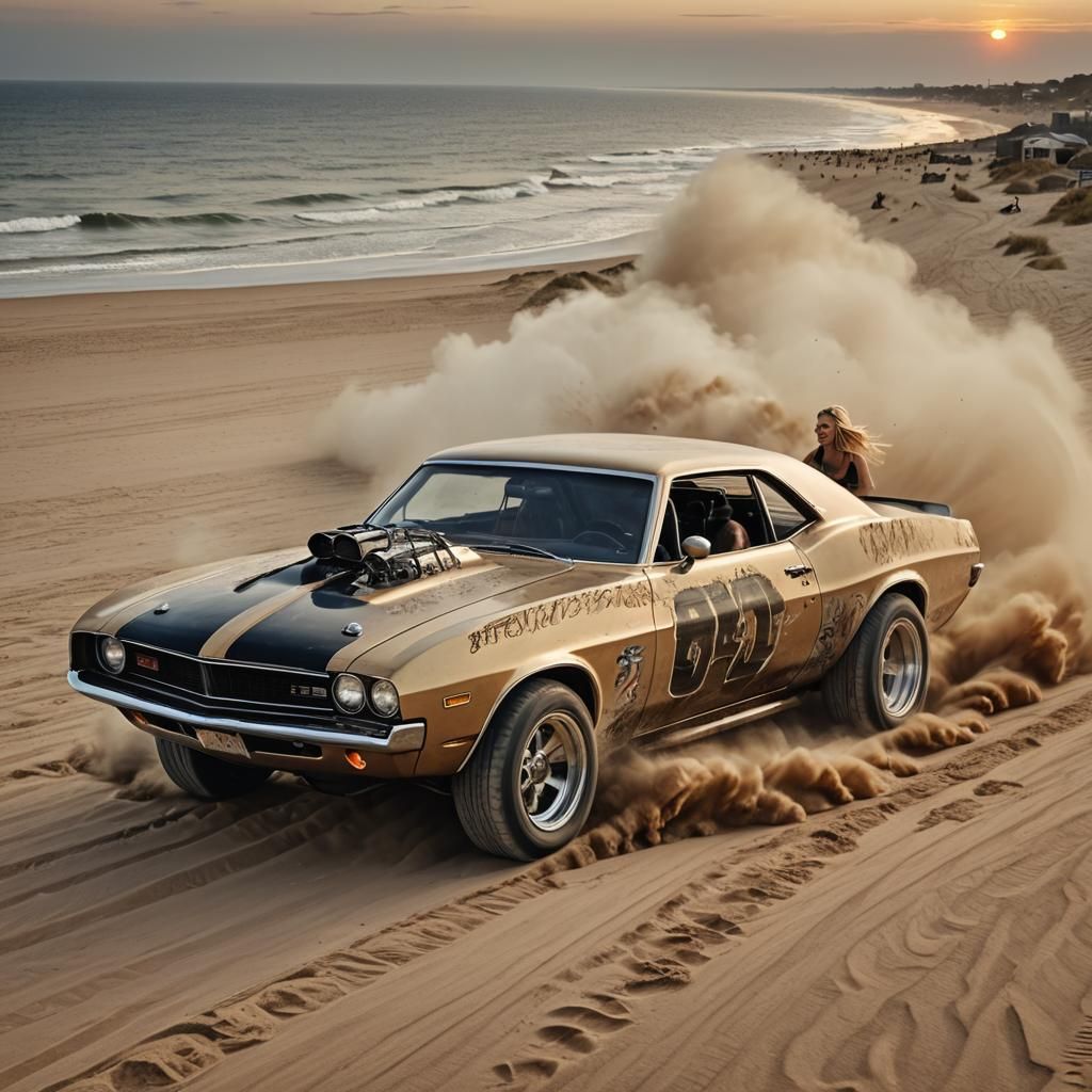 Blonde Girl Drifting Muscle Car on Beach at Sunset