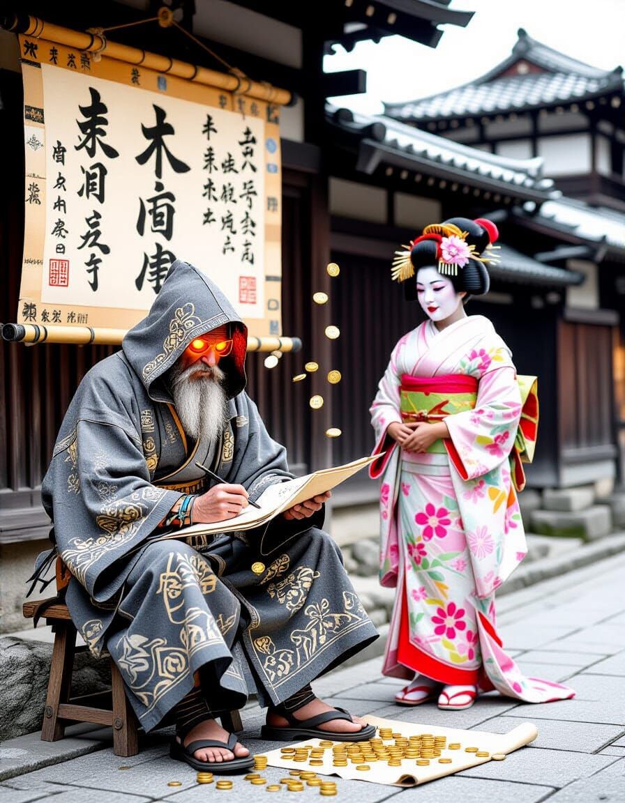 Steampunk Samurai Poet in Ancient Japanese Ink Scroll Style