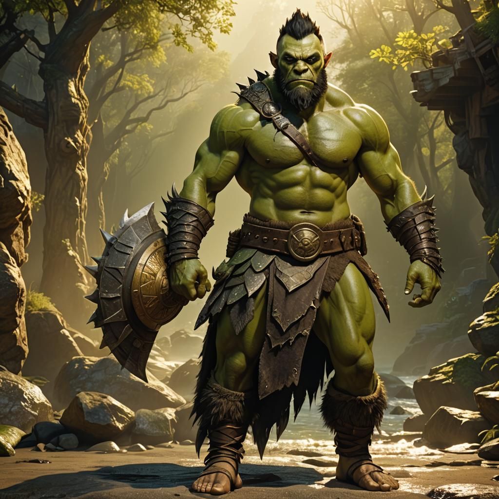 Proud Half-Orc in Golden Speedo: Fantasy Concept Art
