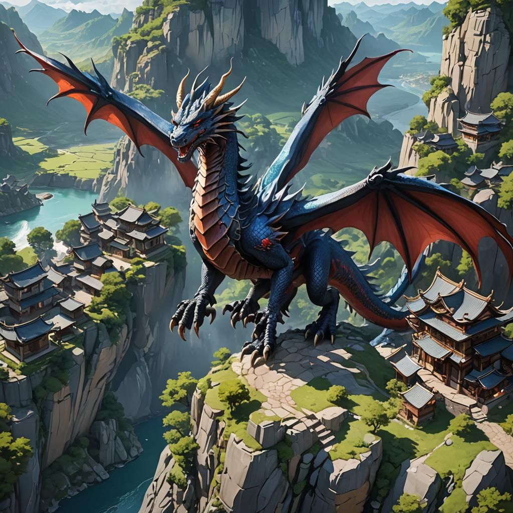 Sky Dragon Over Cliffside Village: 3D Anime Art