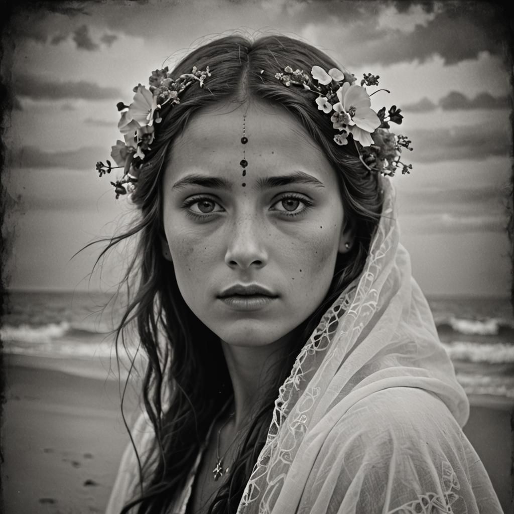 Enchanting Black and White Portrait on Mystical Beach