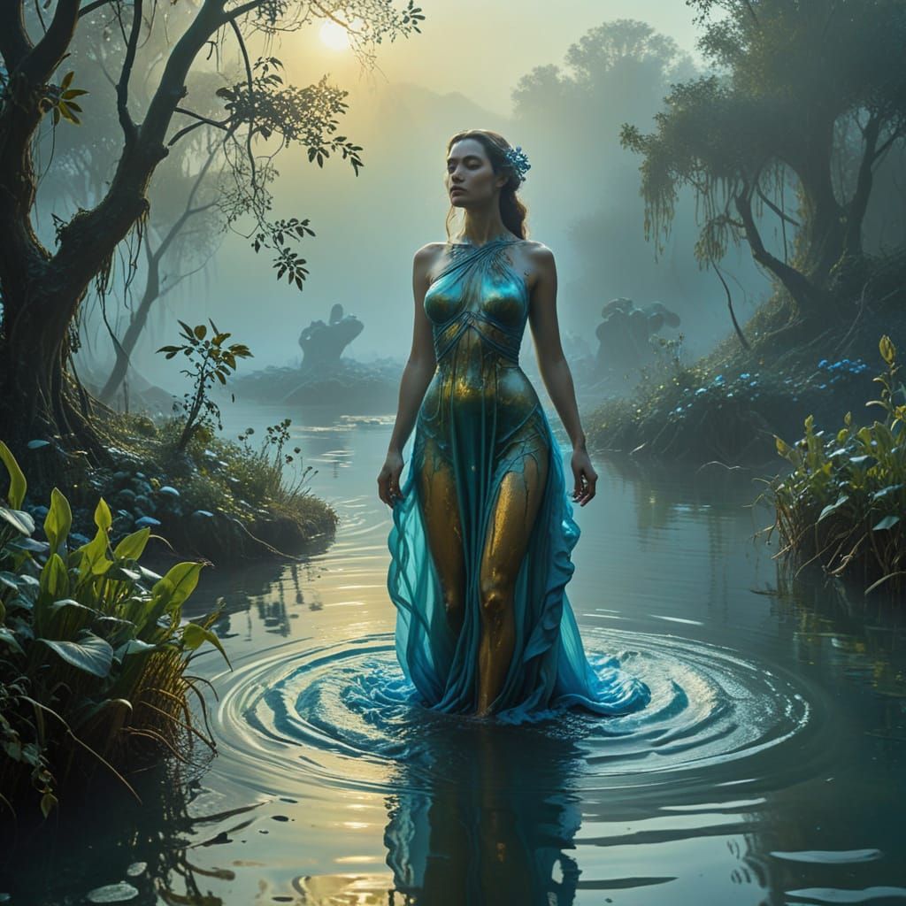 Surreal Goddess Emerging from a Dreamlike River Landscape