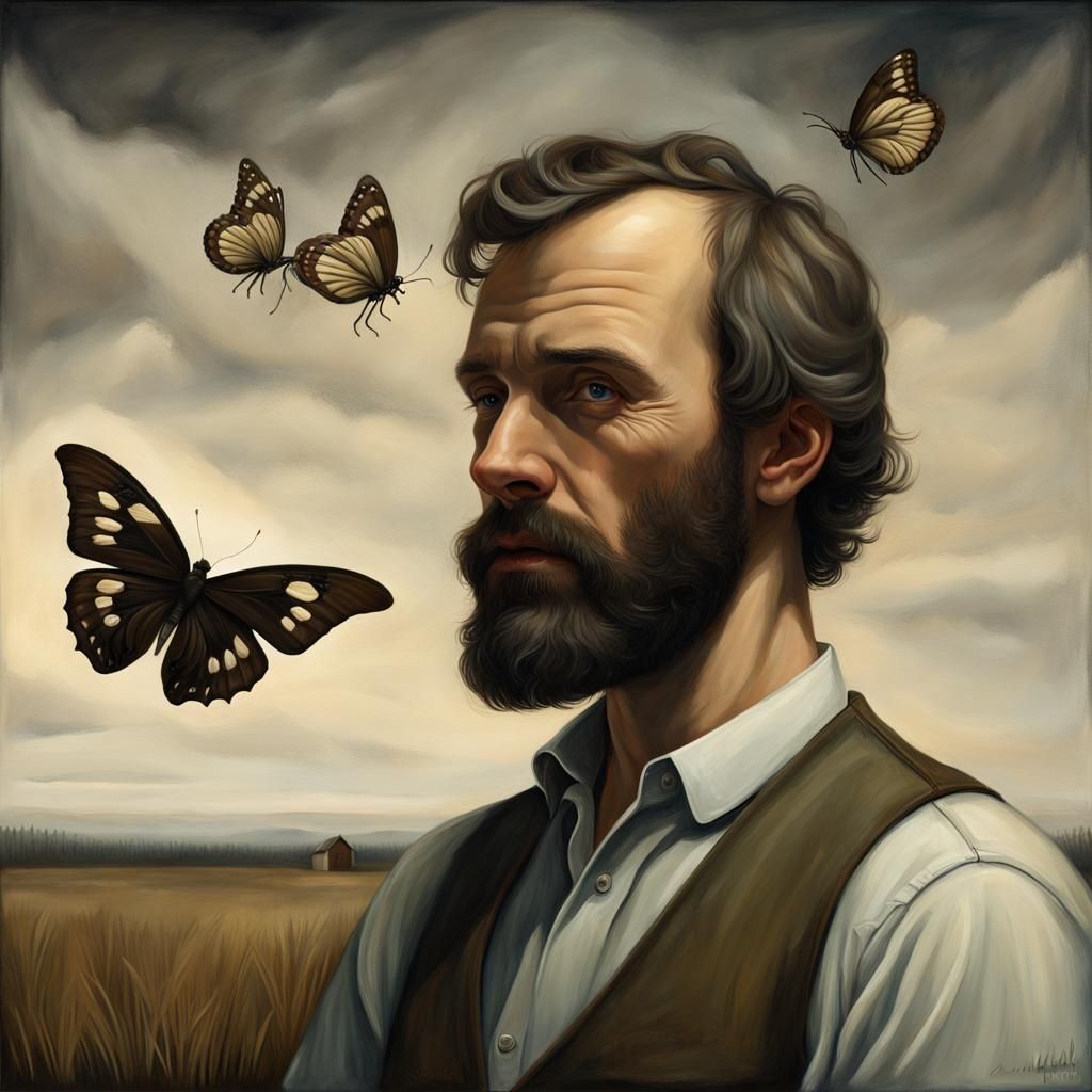 Melancholic Man with Butterfly: Surreal Digital Oil Painting