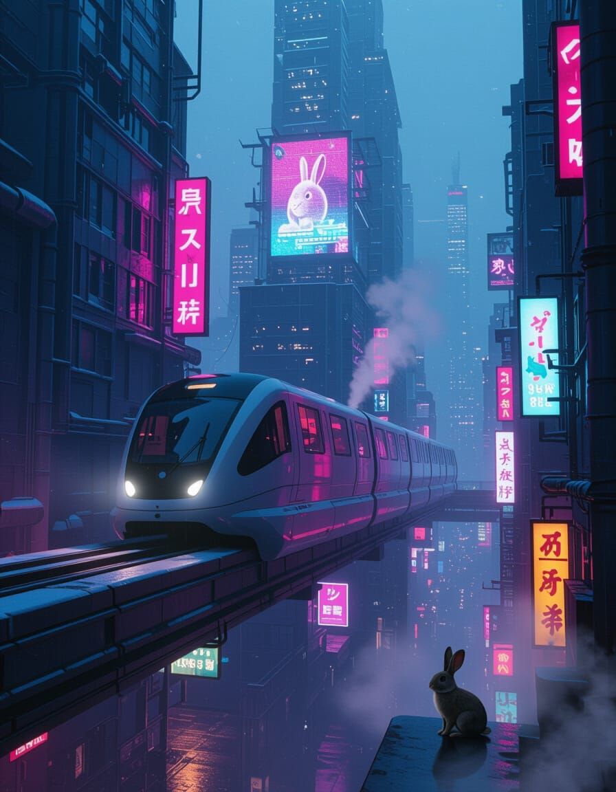Cyberpunk Monorail in Snowy Neon City