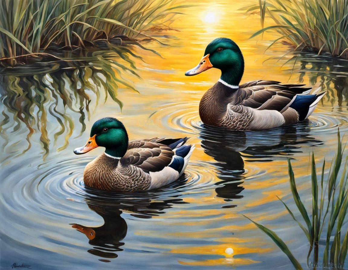 Elegant American Black Ducks in Gouache Impressionist Master...