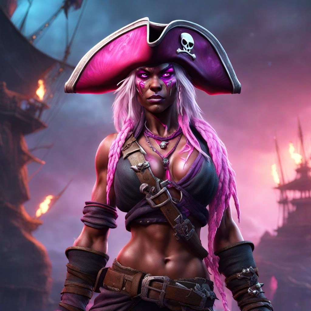 Pink Eyed Drow Pirate Girl, Detailed Matte Painting
