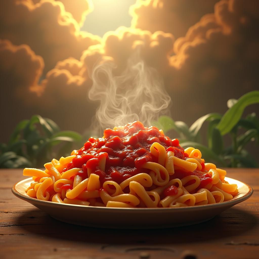 Pasta with Ketchup in Detailed Matte Painting Style