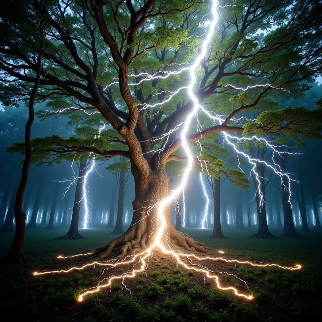 Lightning Strikes Ancient Oak Tree in Hyperrealistic Forest