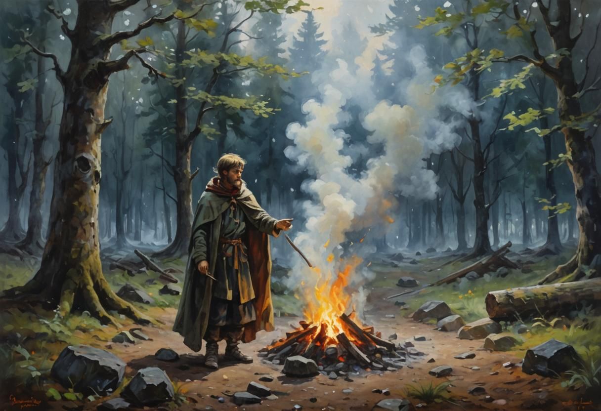 Mystical Druid Campfire in Expressionist Oil Painting
