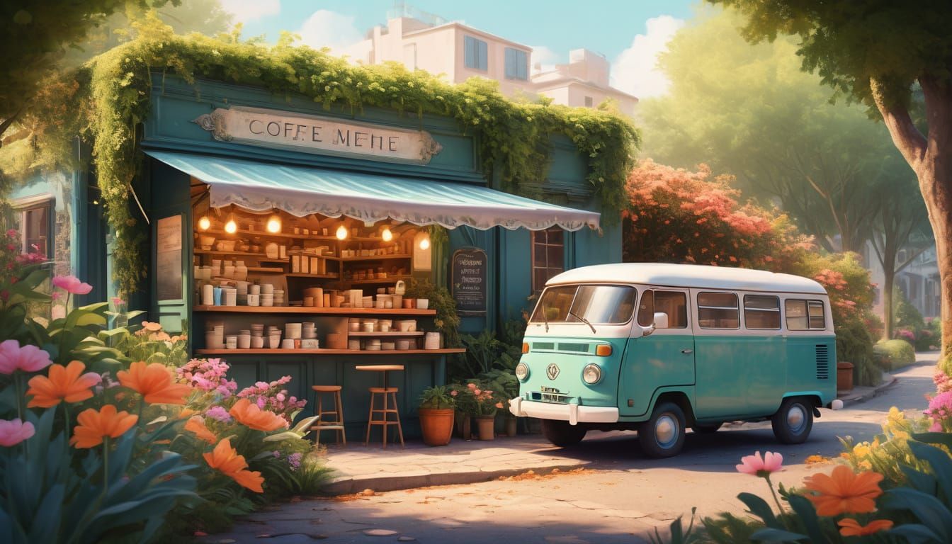Cozy Whimsical Coffee Oasis in Watercolor-Inspired Digital I...