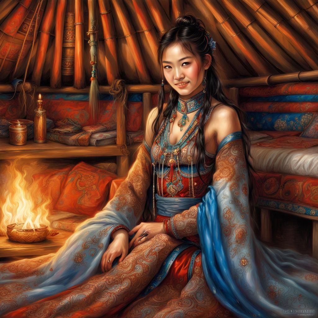 Mongolian young woman wearing an embroidered dress