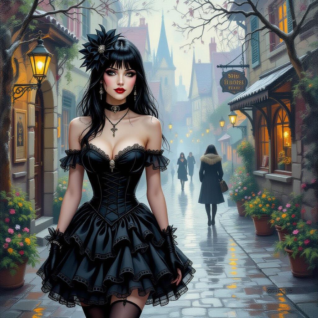 Goth Woman Strolls in Detailed Fantasy Oil Painting