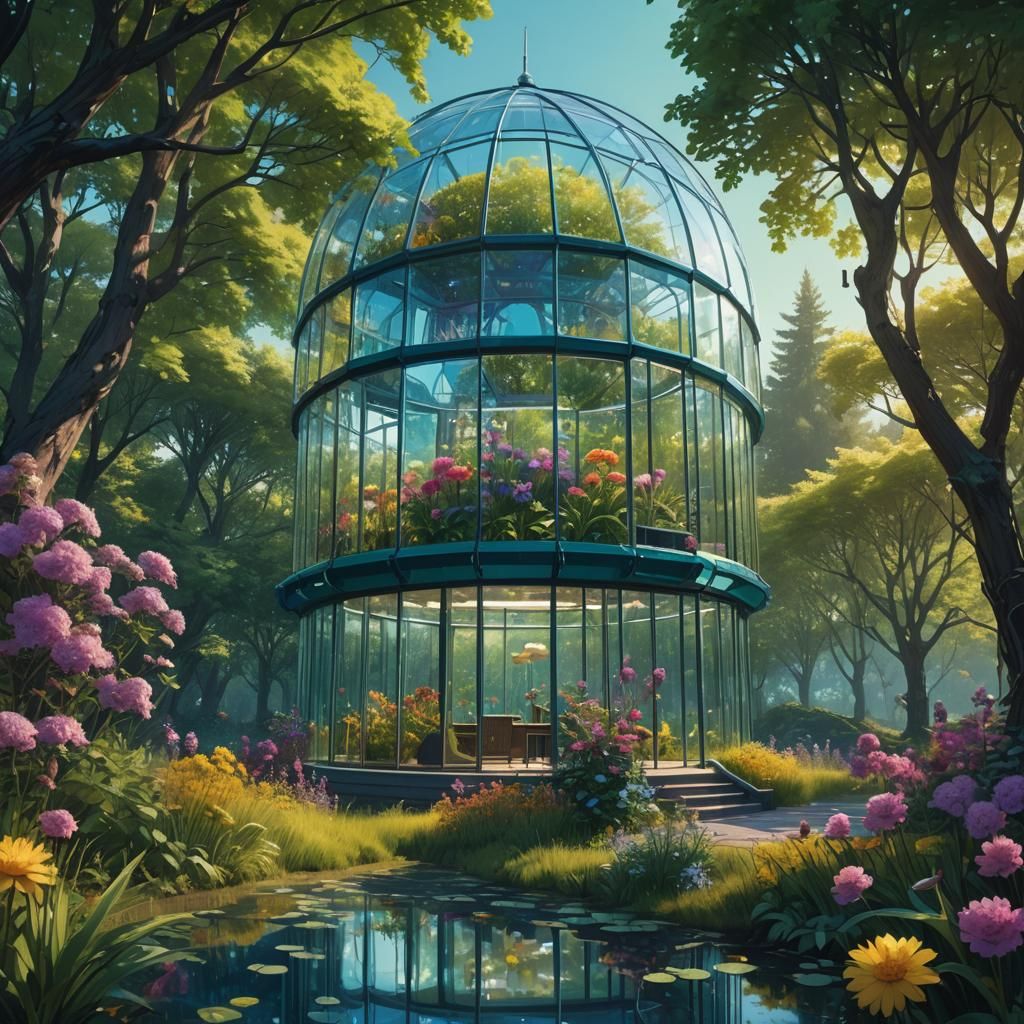 Majestic Glass Pavilion Amidst Lush Blooms in Intricate Matt...