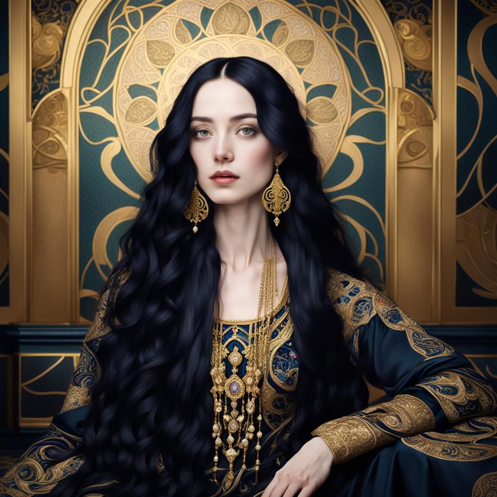 Elegant Woman Portrait in Klimt-Inspired Art Nouveau Style