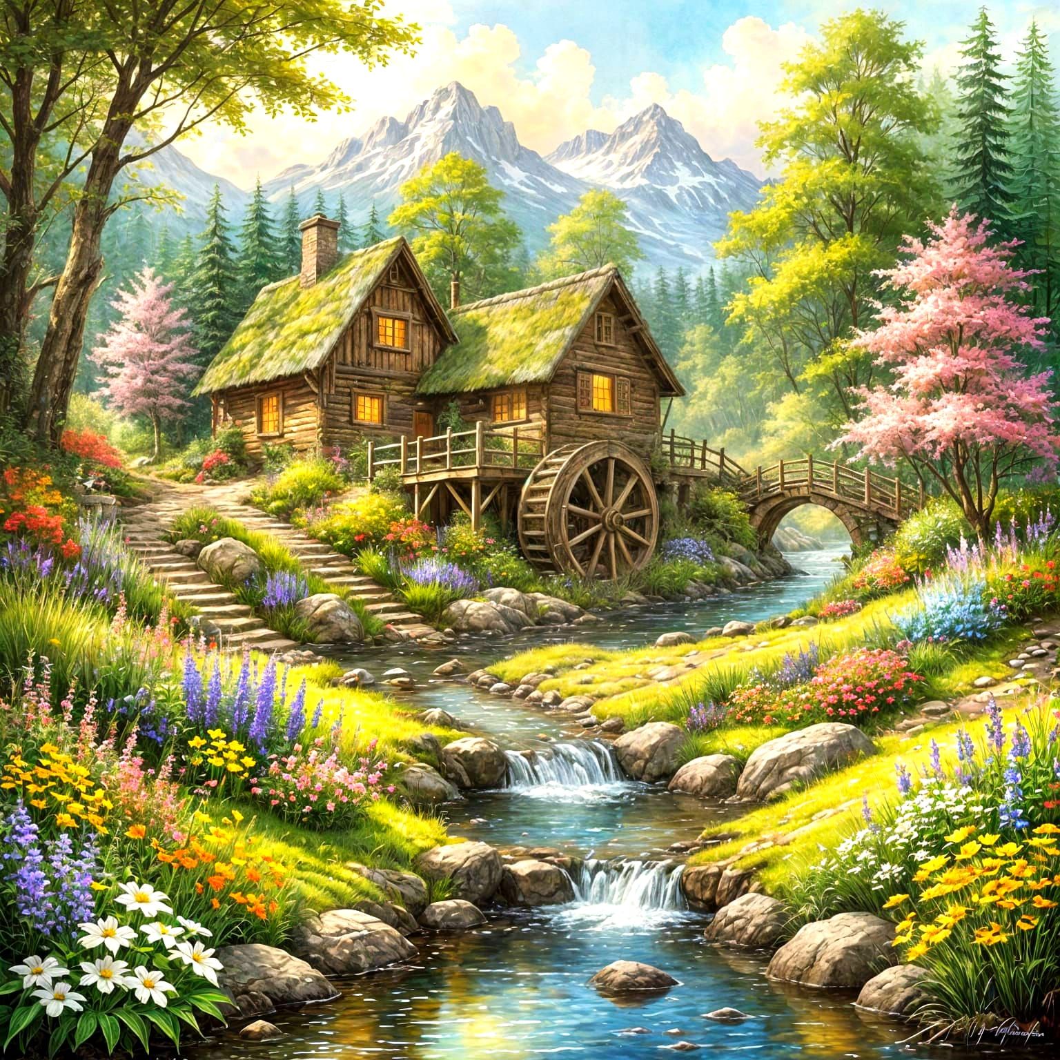 A quaint, rustic waterwheel sits beside a moss-covered cotta...
