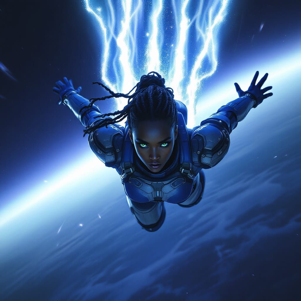 Woman Soaring Through Atmosphere in Futuristic Style