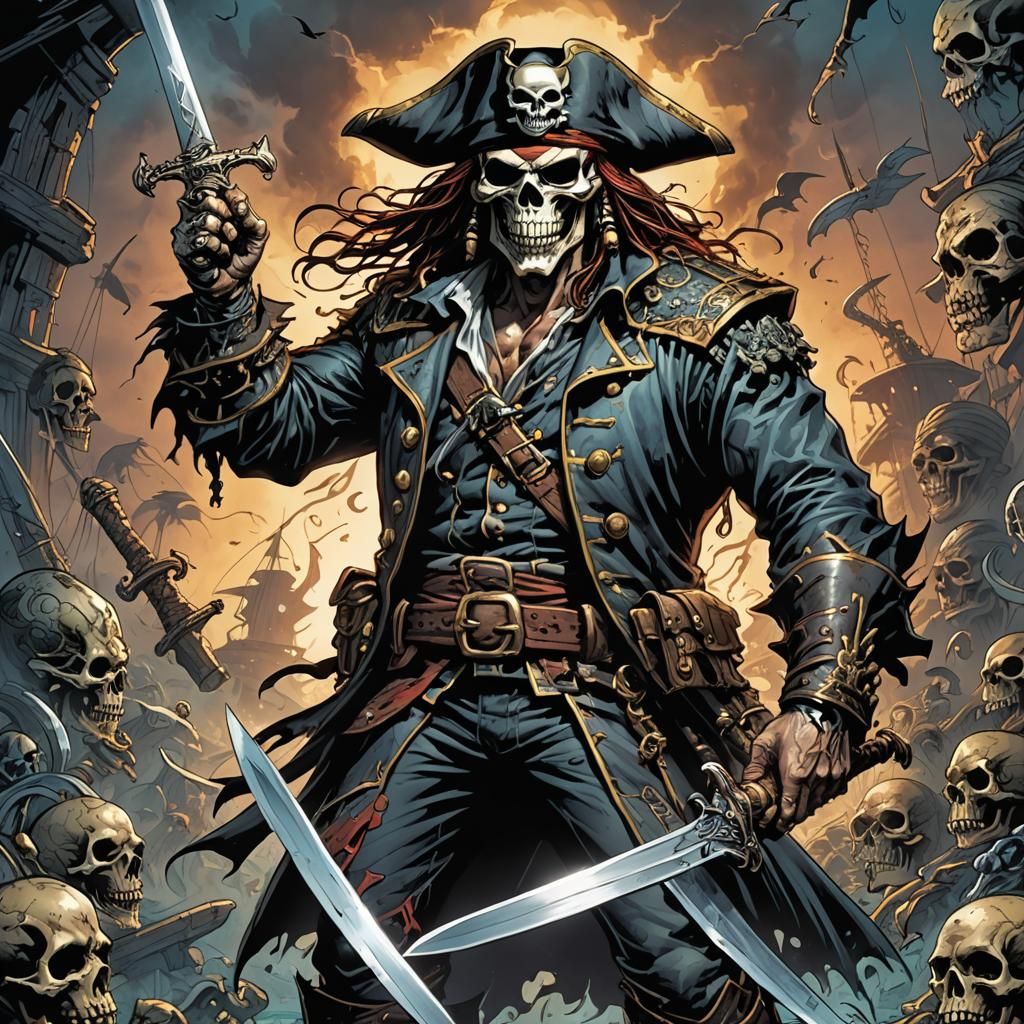 Pirate Villain with Skull Head in Comic Art Style