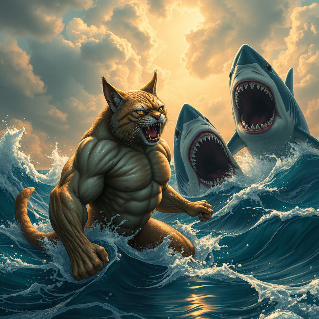 Epic Cat vs Shark Confrontation in Fantasy Style