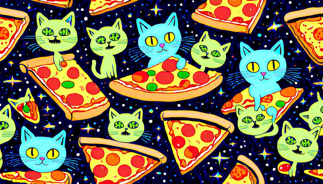 Pointillist Alien Cats in Pizza Spaceships