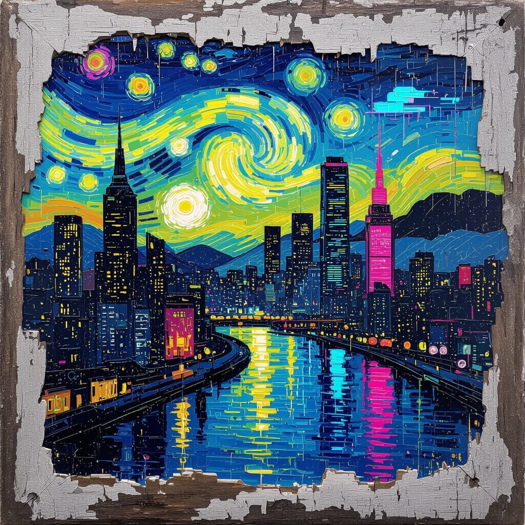 Cyberpunk Cityscape at Dusk as Impasto Painting