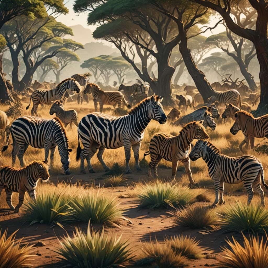 African Savannah Fantasy Art with Zebras and Lions