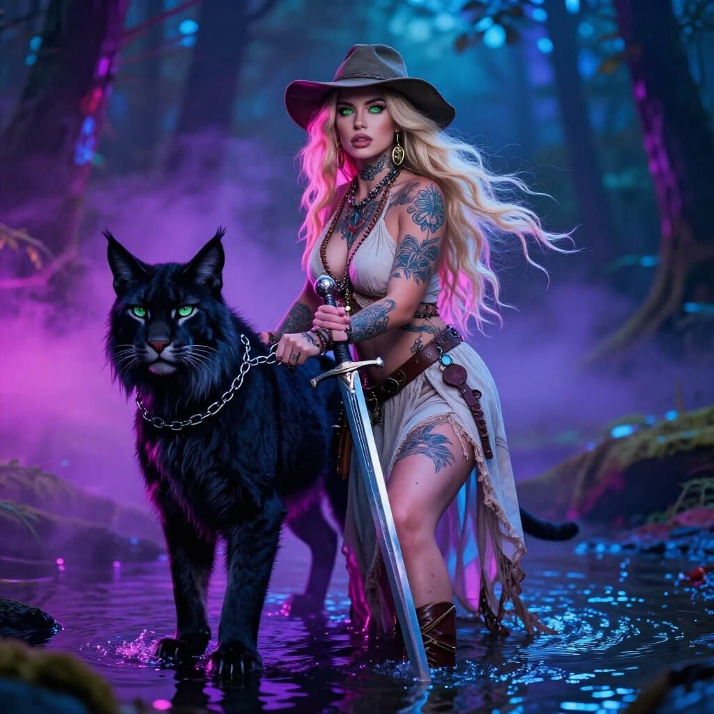 Warrior Woman Emerges from Forest with Lynx in Neon Glow