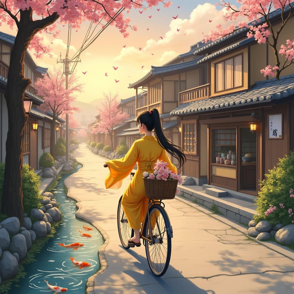 Whimsical Japanese Girl Pedals Through Idyllic Town