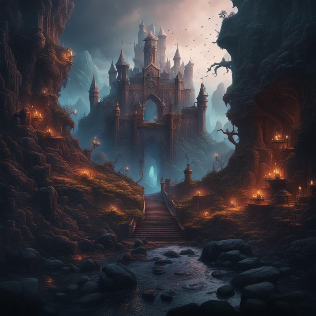Fantastical Abyss: Detailed Matte Painting in Deep Color