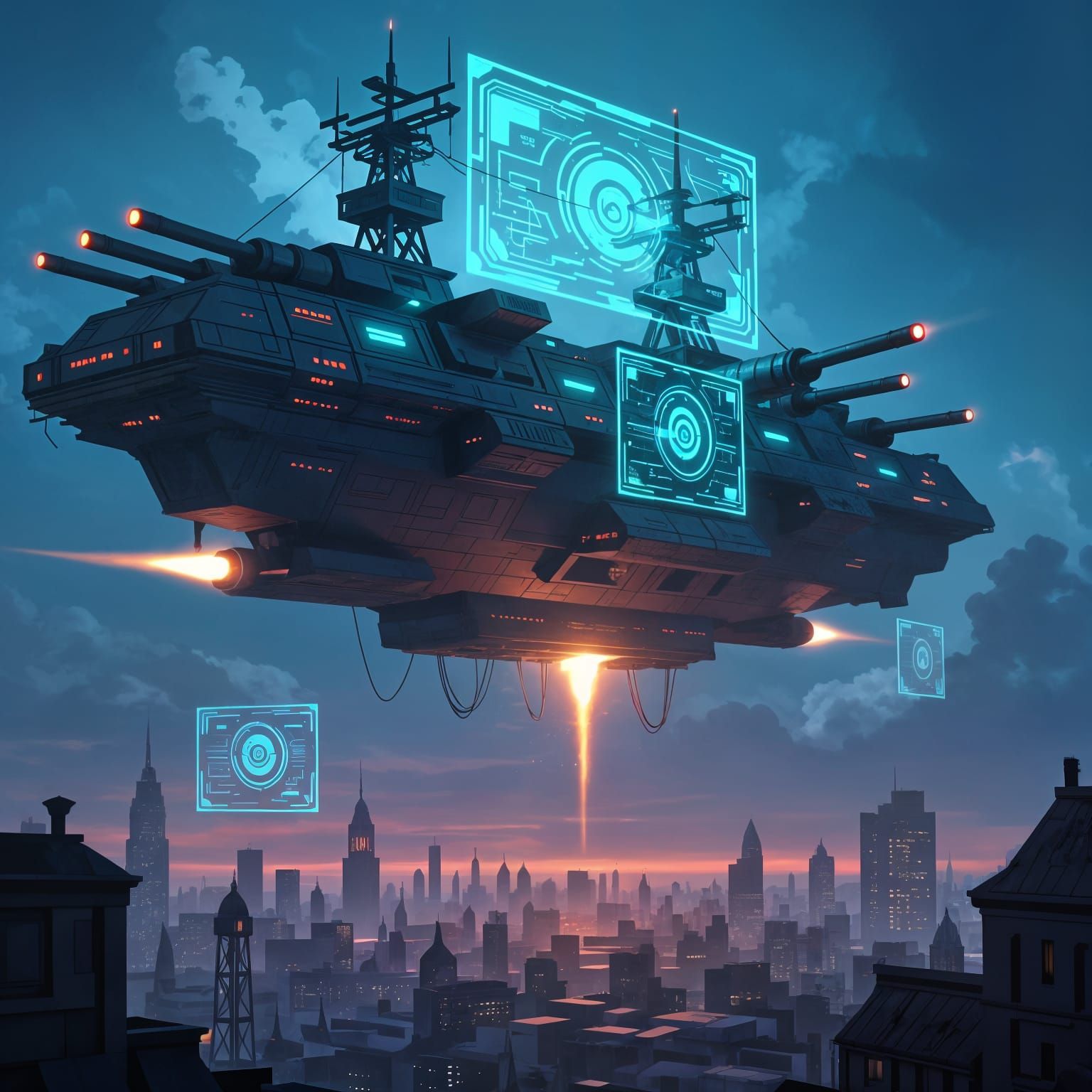 Floating Fortress with Cannons and Shields in Creepy Lightin...