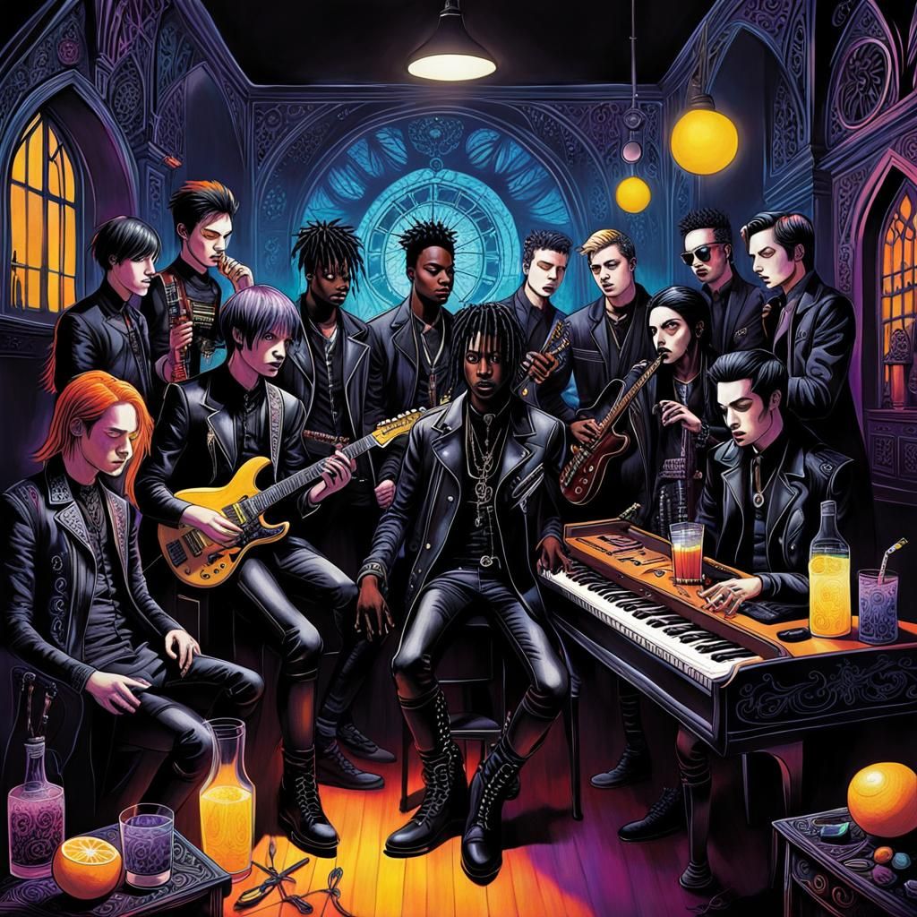 Gothic Musicians Performing, Crayon-Style Illustration