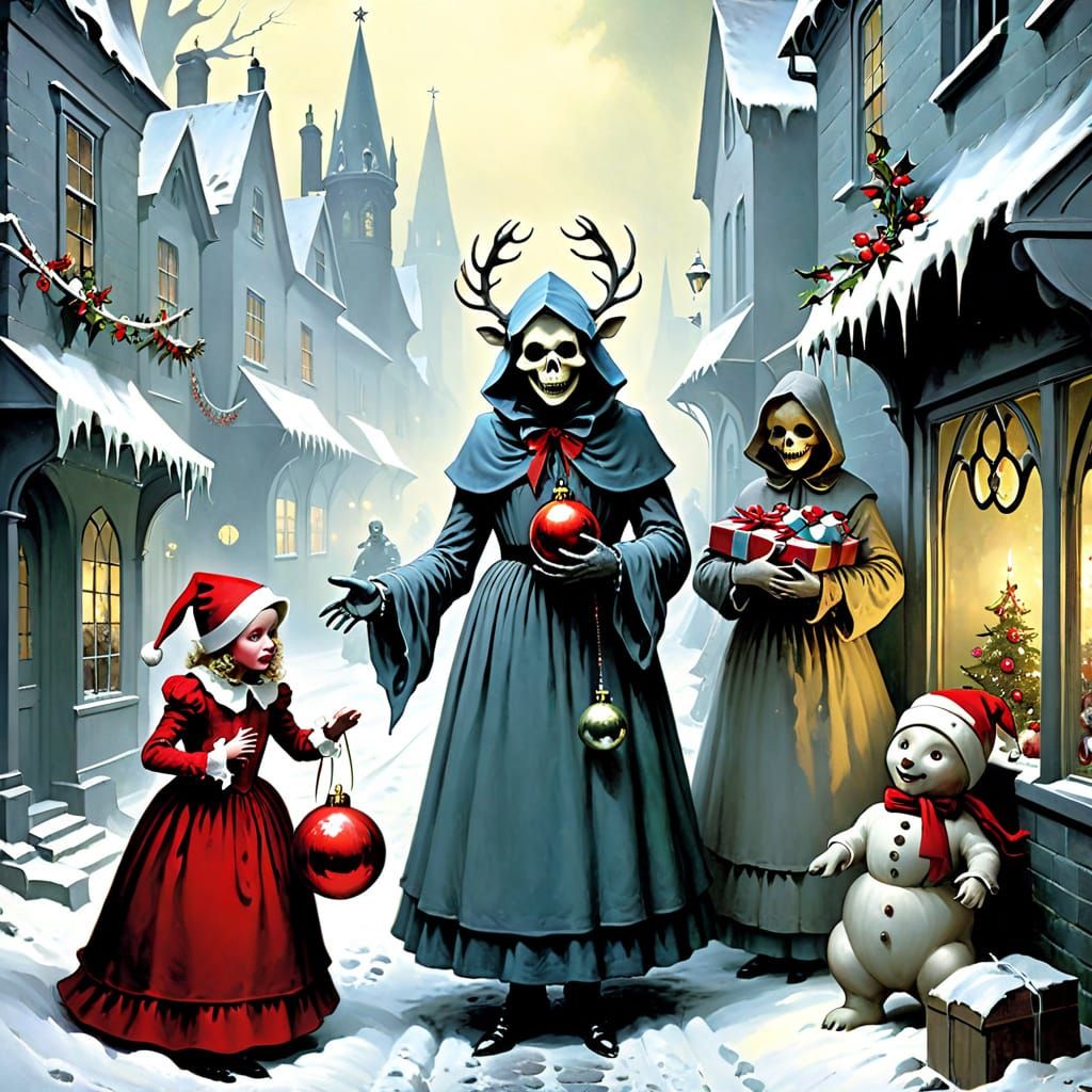 Dystopian Christmas Streetscape in Gothic Horror Style