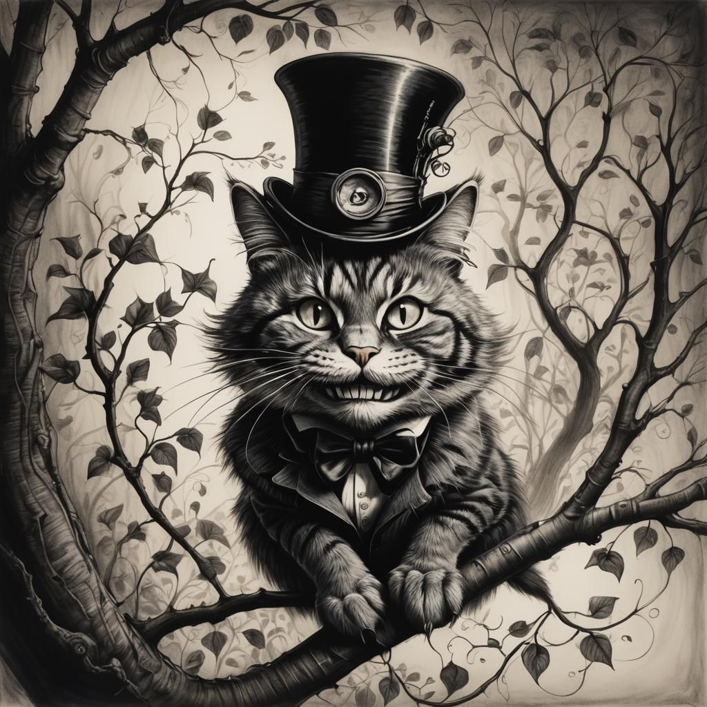 Charcoal Cheshire Cat with Top Hat in Chiaroscuro