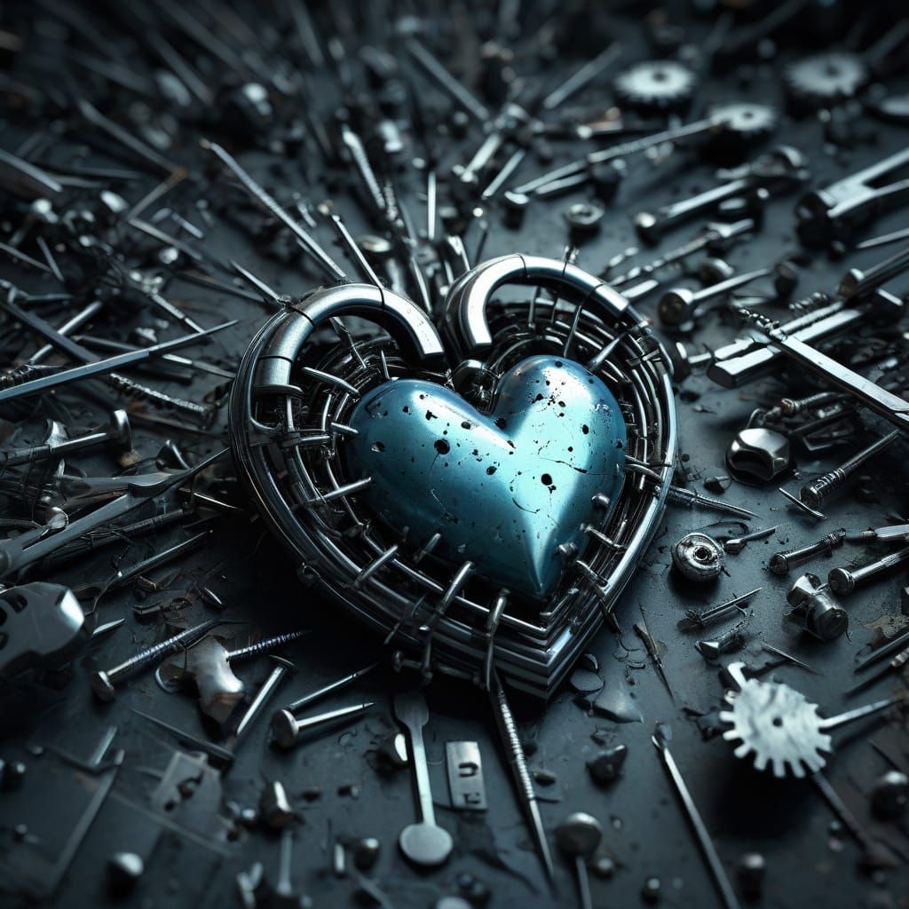 Surreal Metallic Heart Stitched with Nails in Void