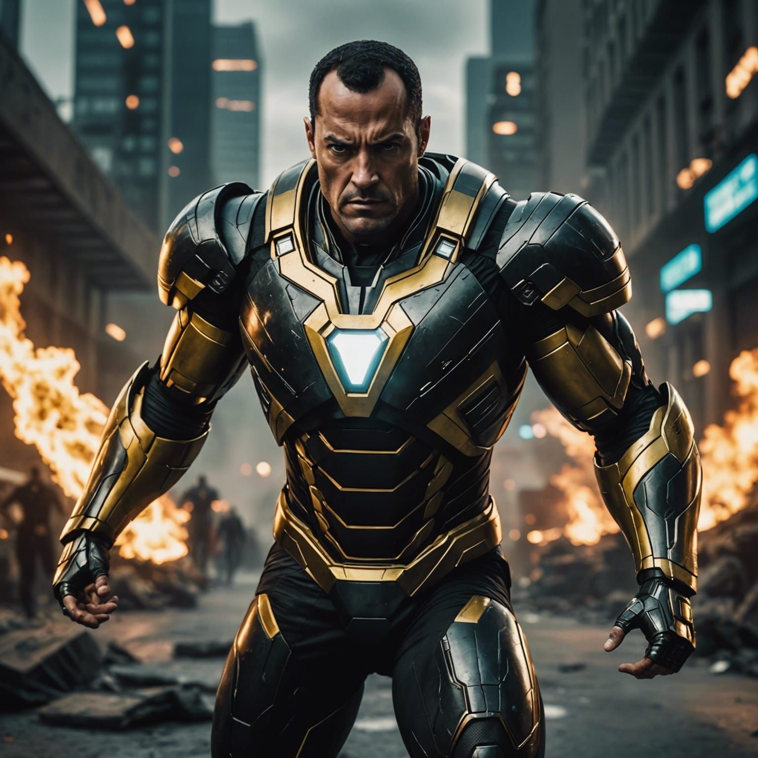 Futuristic Black Adam in Iron Man Suit Action Scene