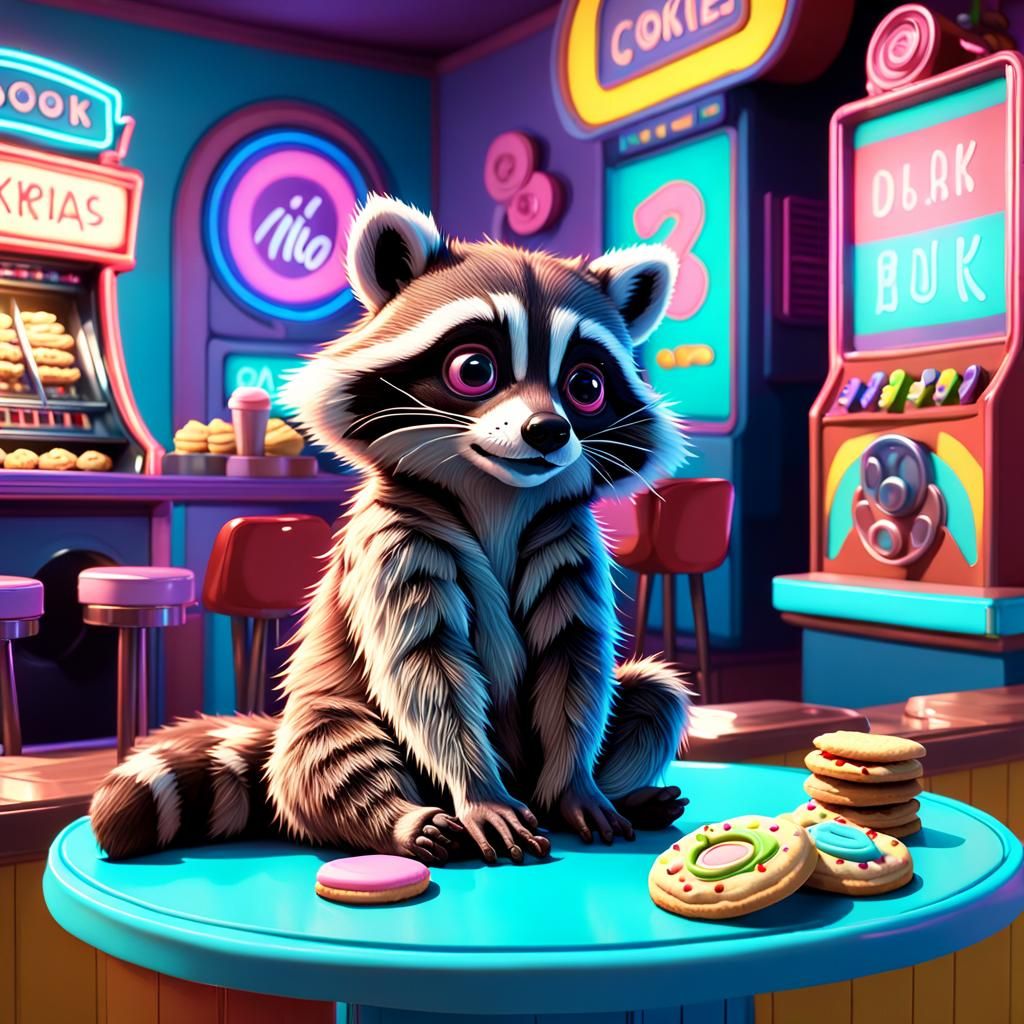 Raccoon at Pastel Bar Nibbling Cookies: 3D Digital Art