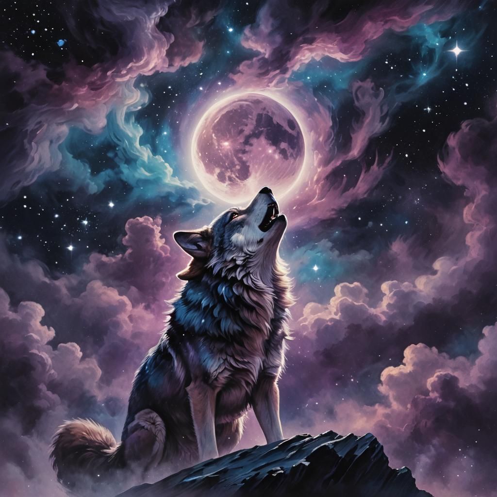 Galaxy Wolf Howling at Moon: Celestial Oil Painting