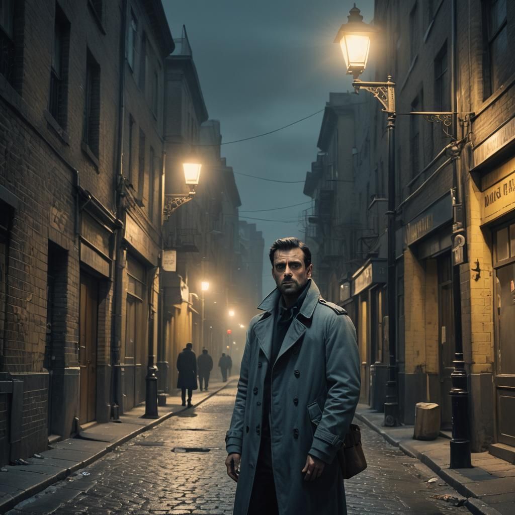 Gritty 80s Street Scene with Man Under Lamplight