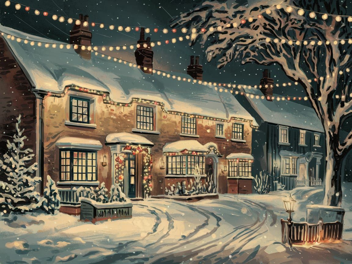 Vintage Winter Village Aglow with Christmas Lights