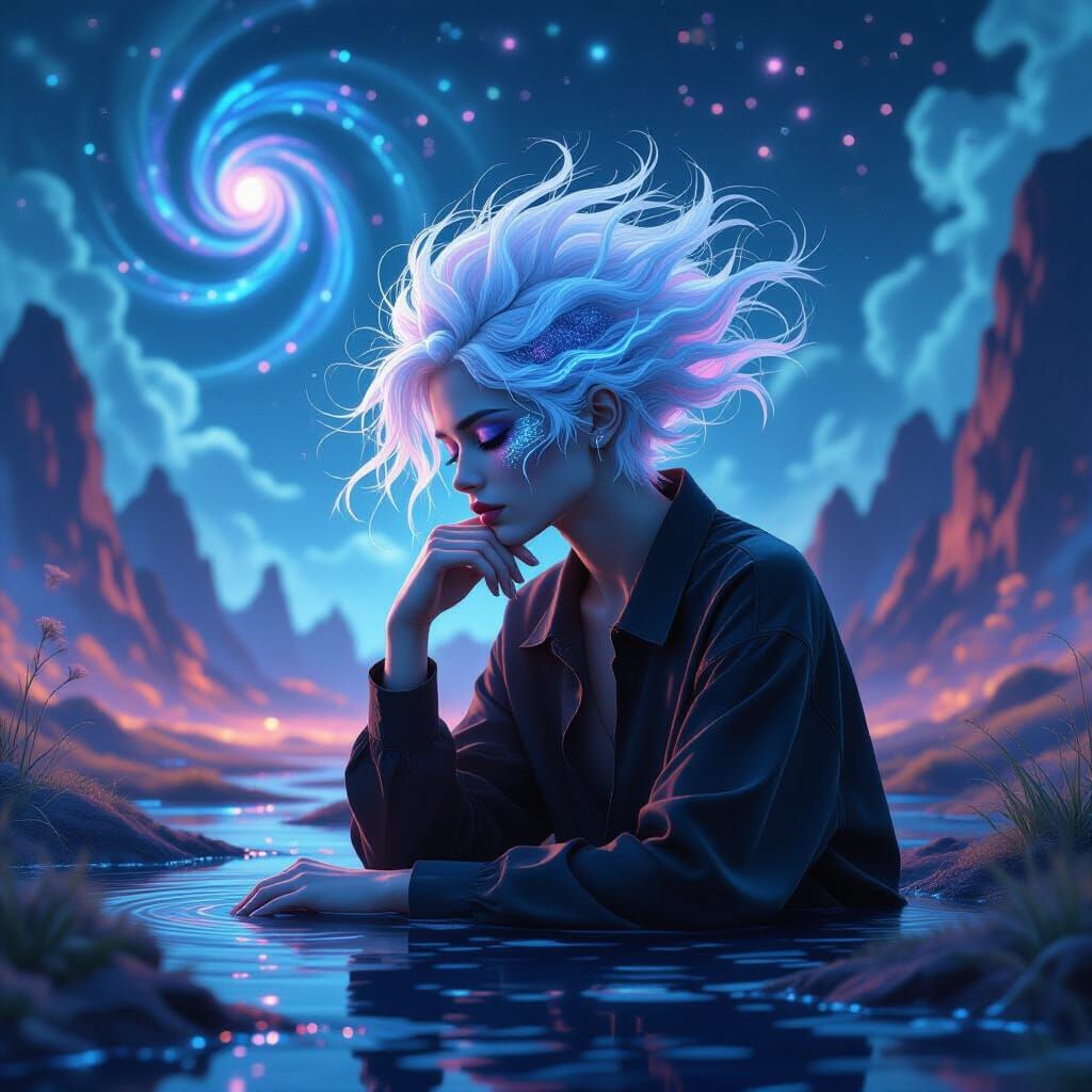 Android Contemplates Surreal Landscape in Mixed Media Style