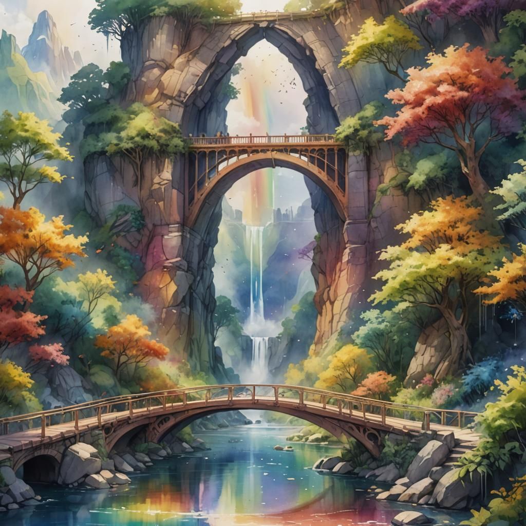 Watercolor Rainbow Bridge Illustration in Detailed Matte Sty...