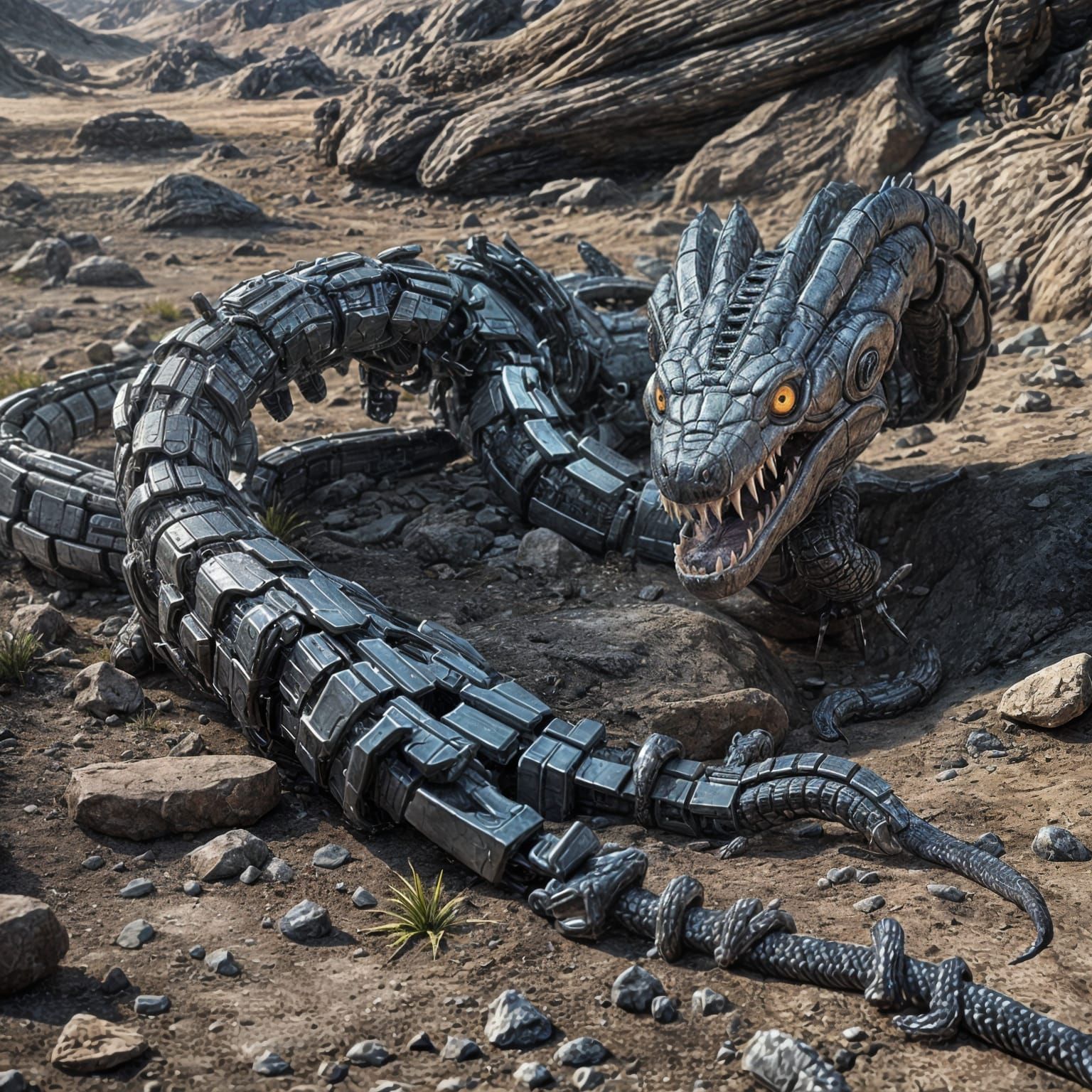 Creepy Mechanical Snake with Big Teeth in Sci-Fi Style