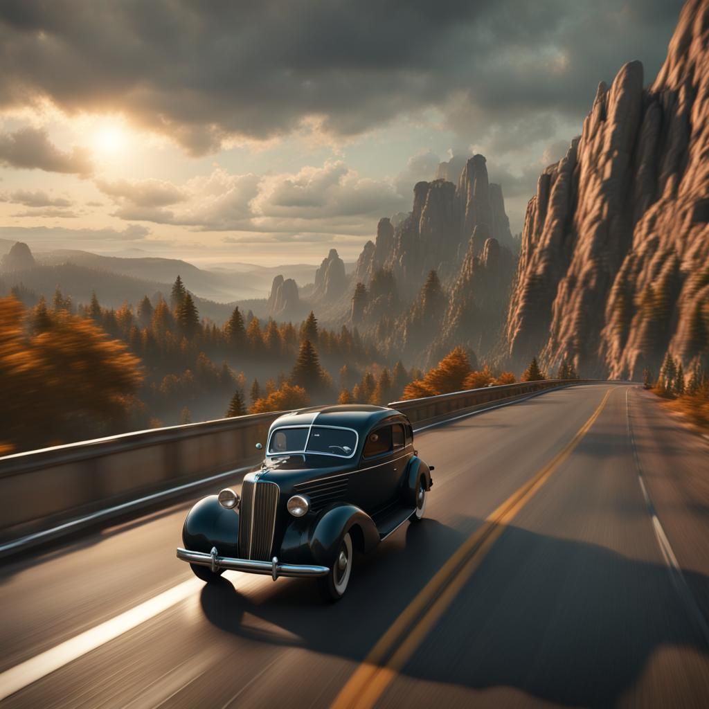1940s Car on Highway: Detailed Matte Painting