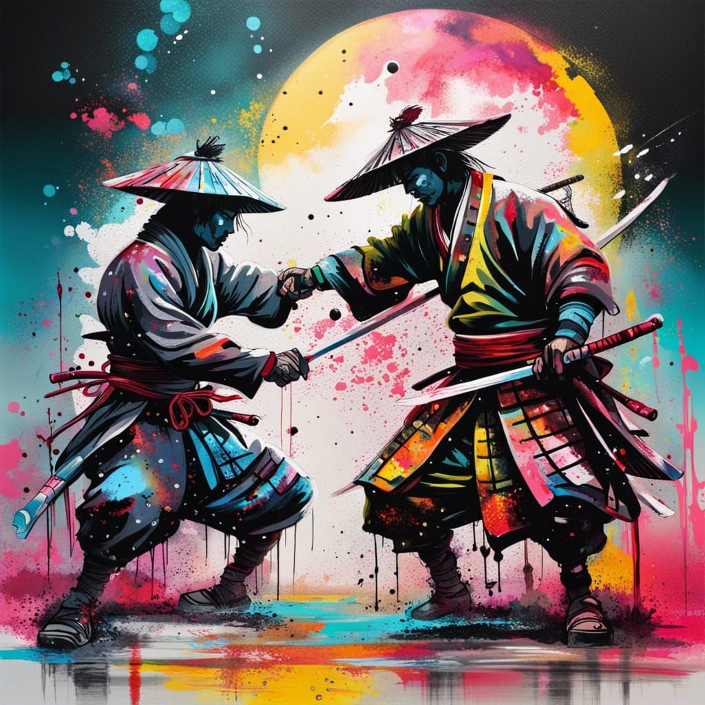 Samurai Fight in Moonlight Graffiti Art