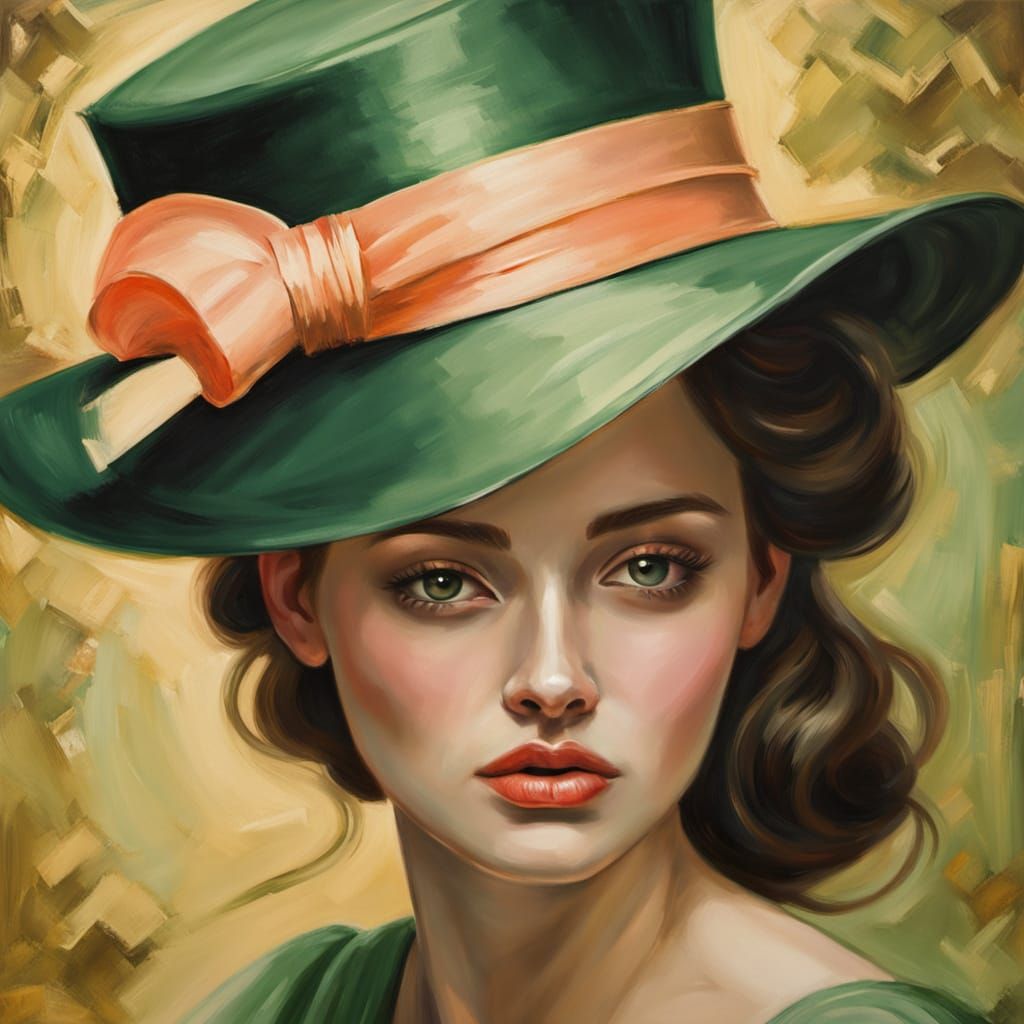 Classical Oil Painting of Woman in Green Hat
